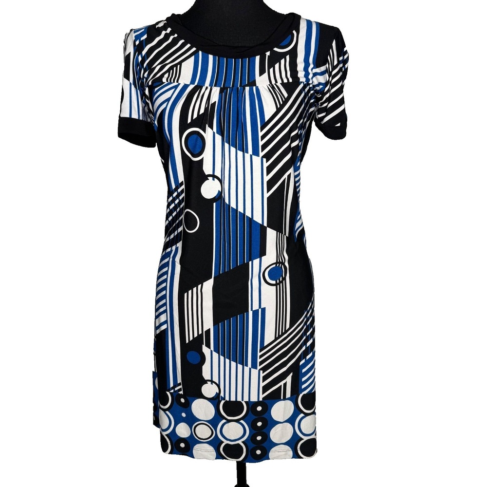 AGB Dress Sz 6 Black Blue Geometric Print Short‎ Sleeve Stretch Midi Made in USA